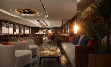 Relaxing lounge with modern decor and sunset view in Lan Ha Bay.