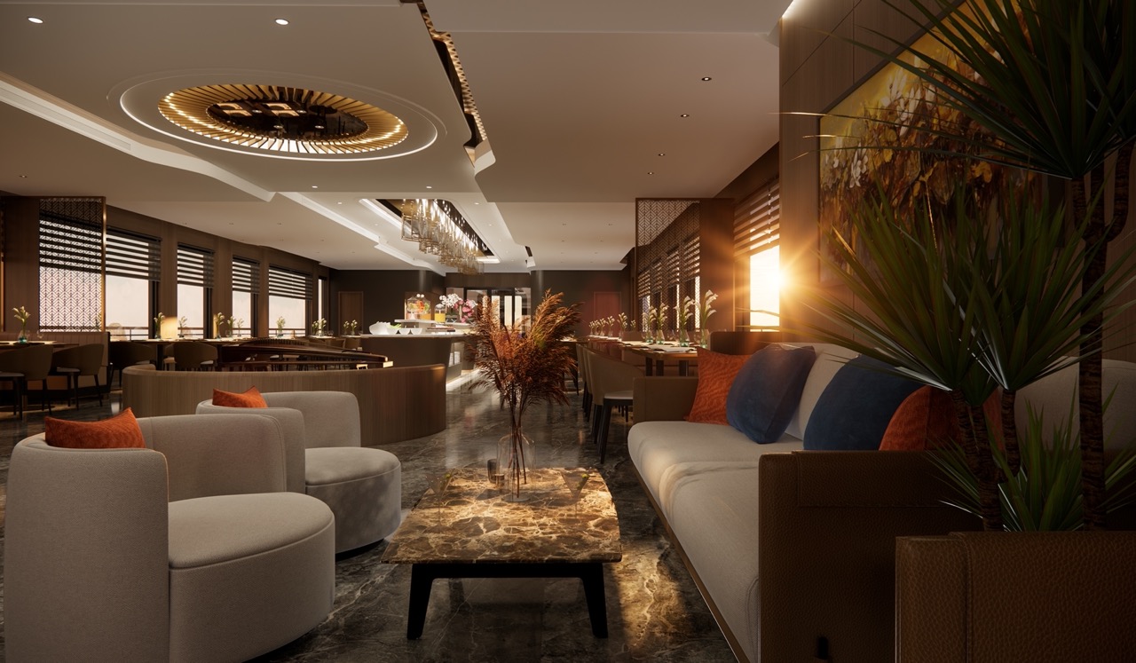 Relaxing lounge with modern decor and sunset view in Lan Ha Bay.