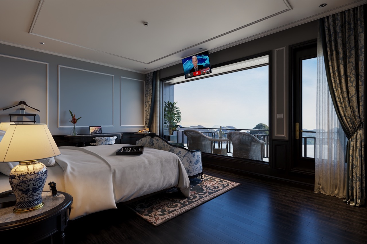 Stunning cruise balcony view of Lan Ha Bay with serene waters and sky, perfect for a relaxing getawa.