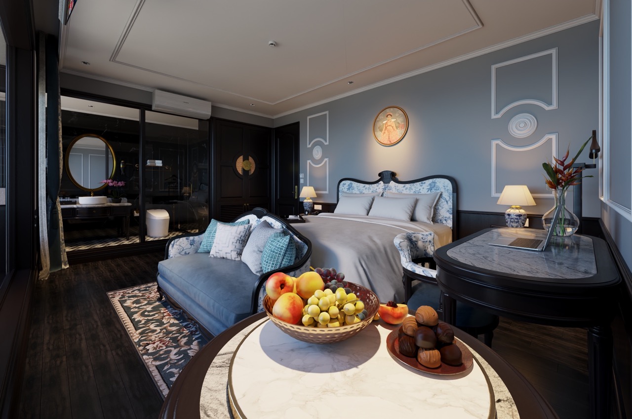 Elegant cruise balcony with stunning views of Lan Ha Bay, perfect for a relaxing and luxurious trave.