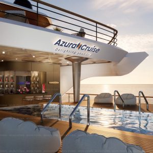 Luxurious cruise pool deck at sunset on Azura Cruise, featuring modern amenities and elegant seating.