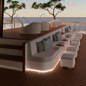 Luxurious yacht deck with comfortable seating and scenic ocean views.