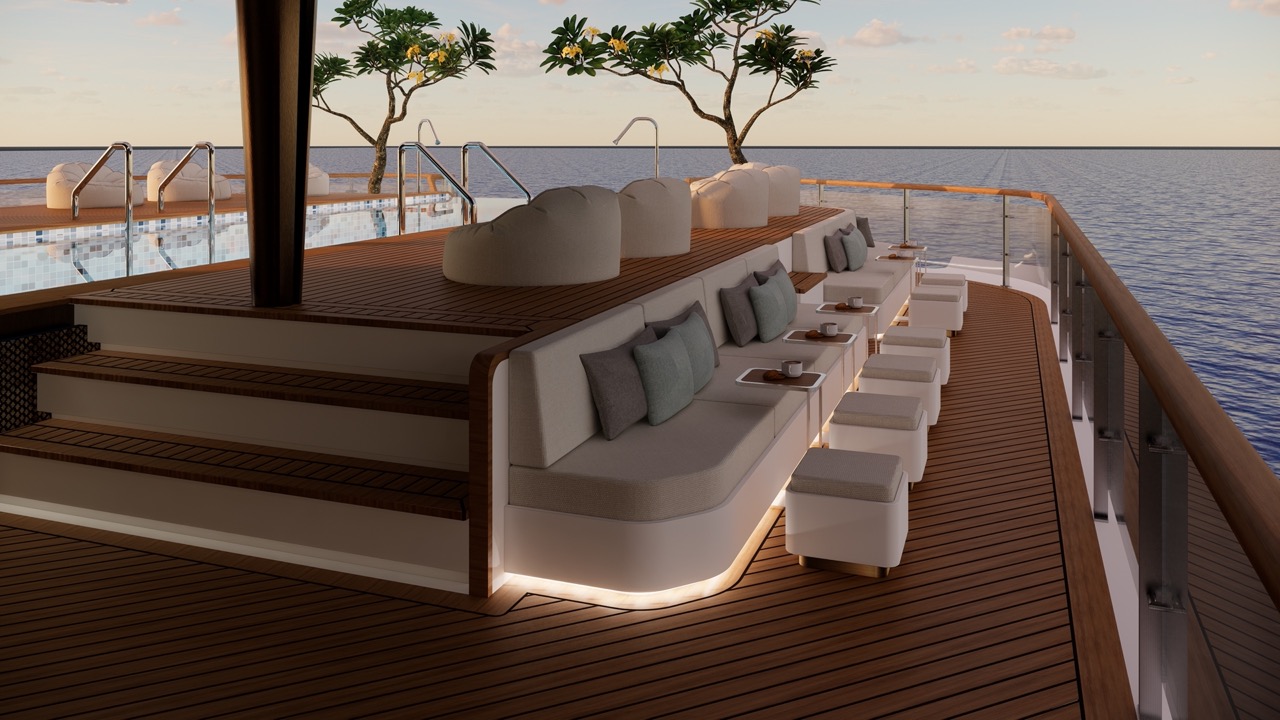 Luxurious yacht deck with comfortable seating and scenic ocean views.