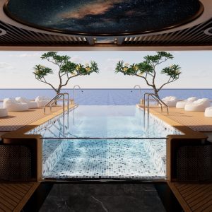 Luxurious infinity pool on a yacht with ocean view, modern deck, and relaxing bean bags.
