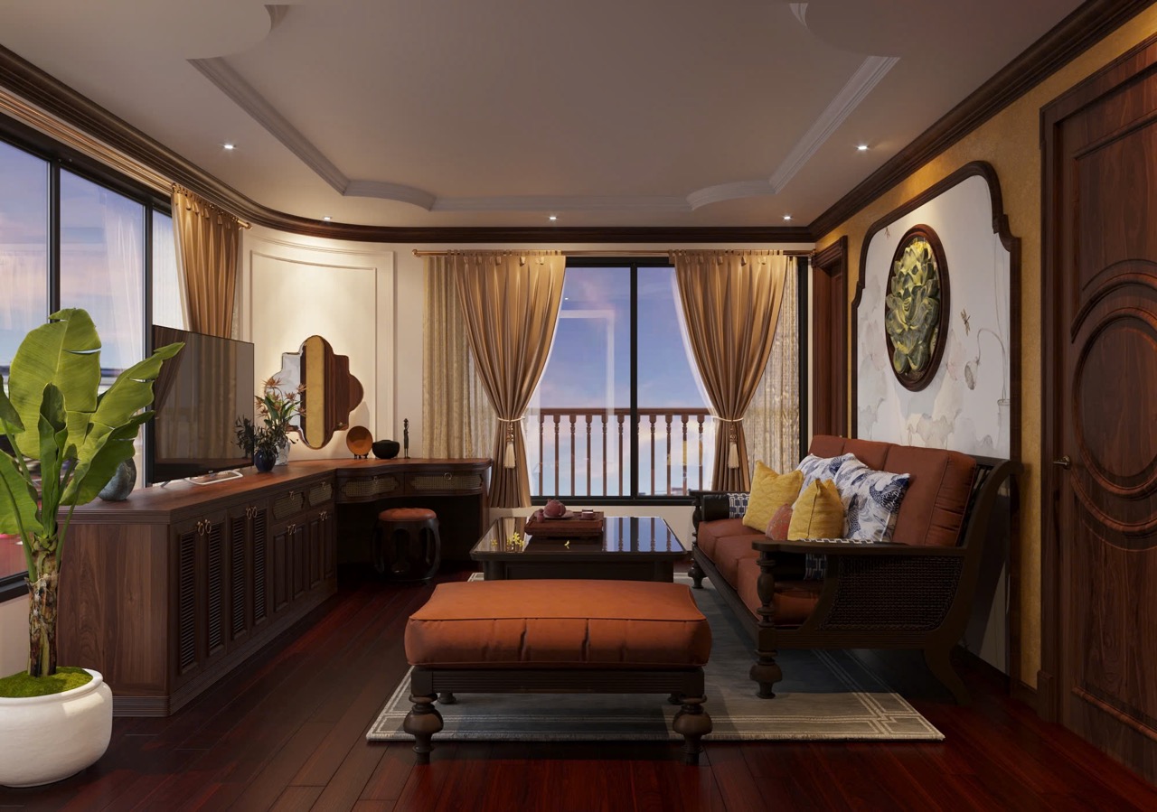 Elegant cruise lounge with panoramic bay views and plush seating, perfect for a relaxing Vietnam tra.