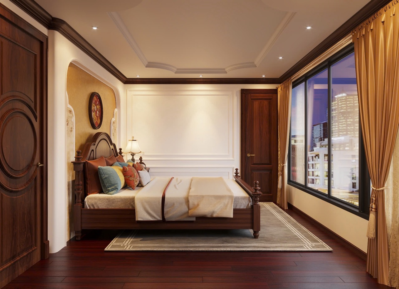 Elegant cruise cabin with classic decor and large window views of Bai Tu Long Bay.