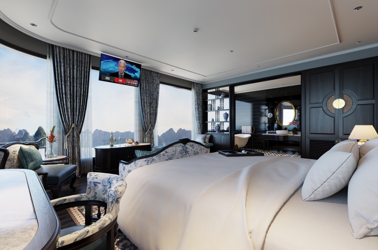 Elegant cruise balcony overlooking Lan Ha Bay, perfect for relaxing and enjoying stunning seascapes.