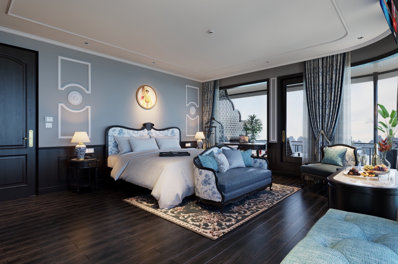 Elegant cruise balcony view in Lan Ha Bay, showcasing comfort and scenic beauty.