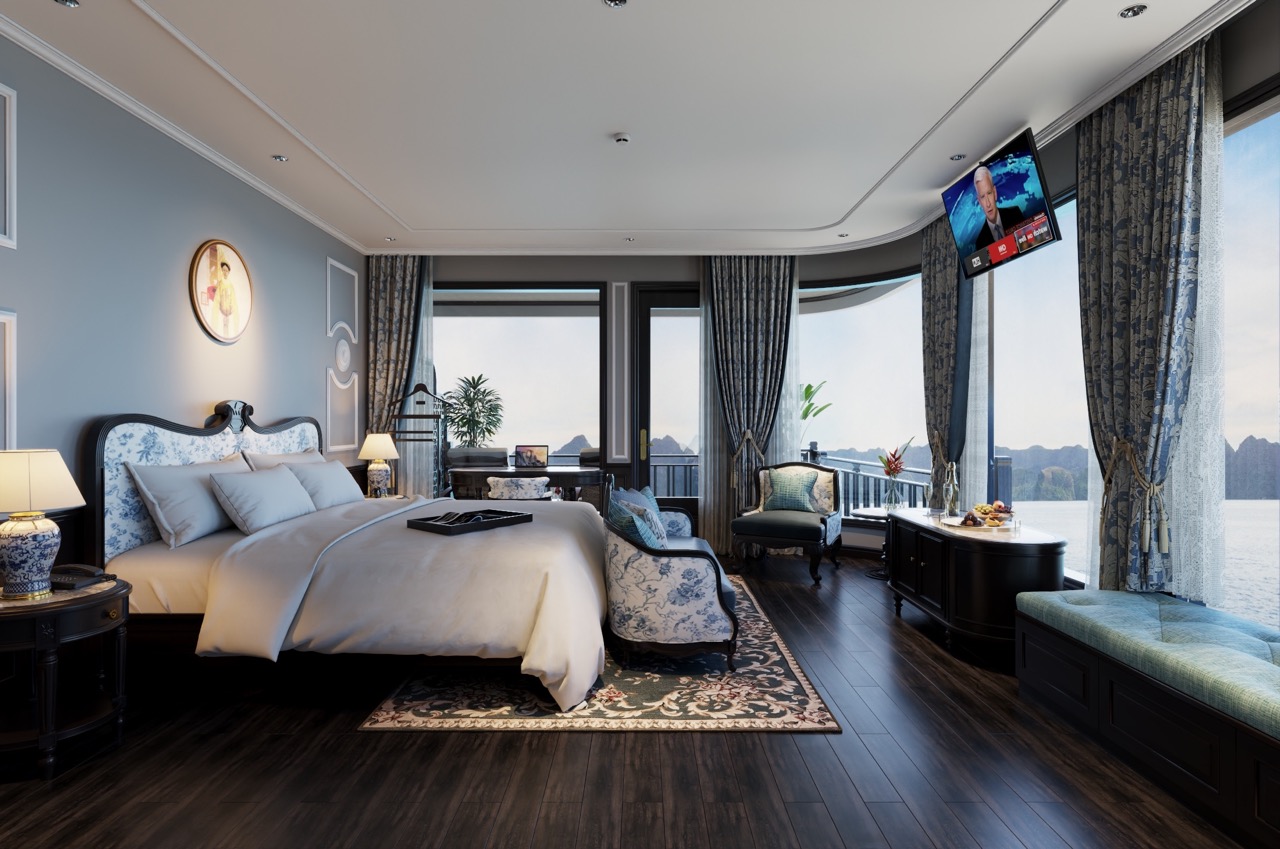 Stunning cruise balcony scene in Lan Ha Bay showcasing elegant interiors and breathtaking water vist.