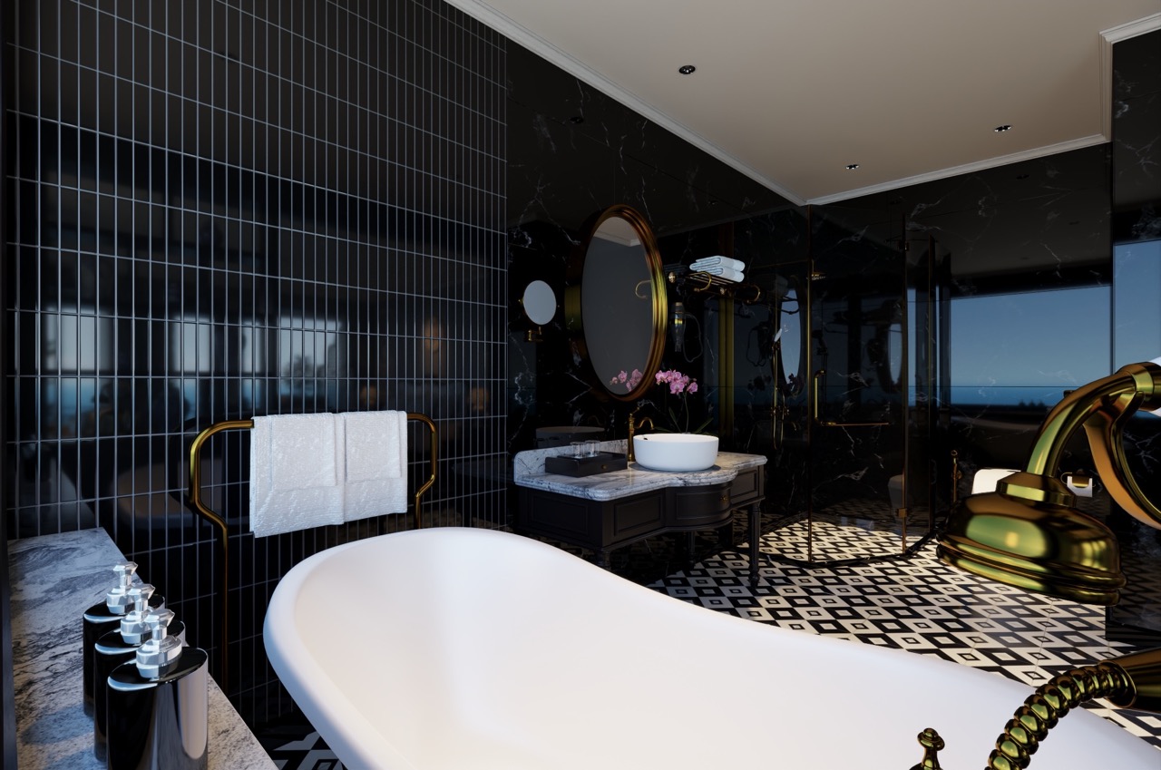 Elegant cruise bathroom with modern fixtures and scenic bay views.
