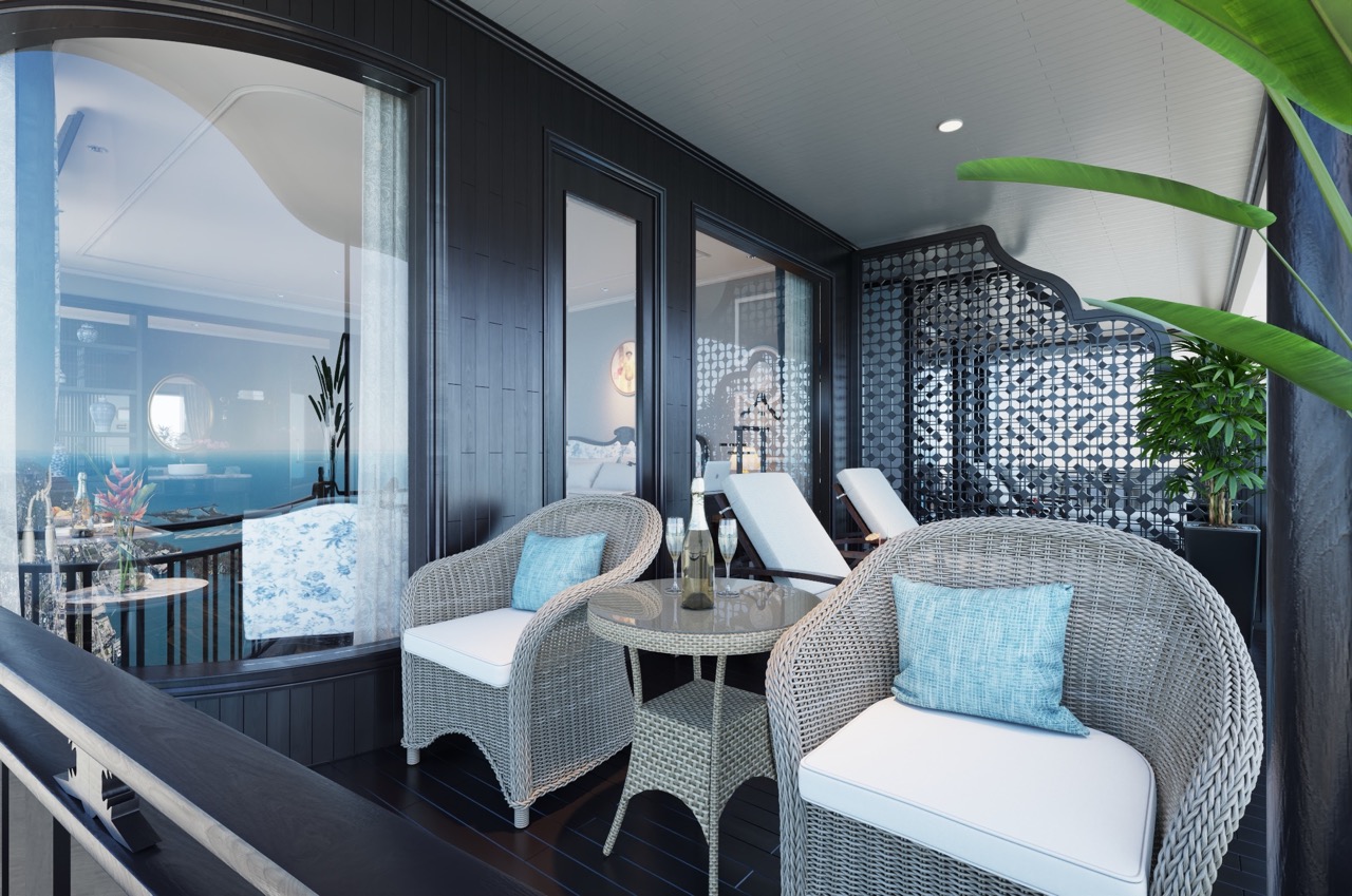 Balcony lounge on Majesty Prime Cruise with comfortable seating and scenic views of Lan Ha Bay.