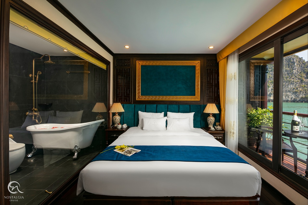 Elegant cruise balcony view of Halong Bay with modern amenities and scenic surroundings.