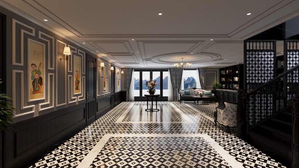 Luxurious cruise interior with elegant decor and panoramic bay views.