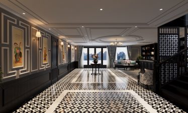 Luxurious cruise interior with elegant decor and panoramic bay views.