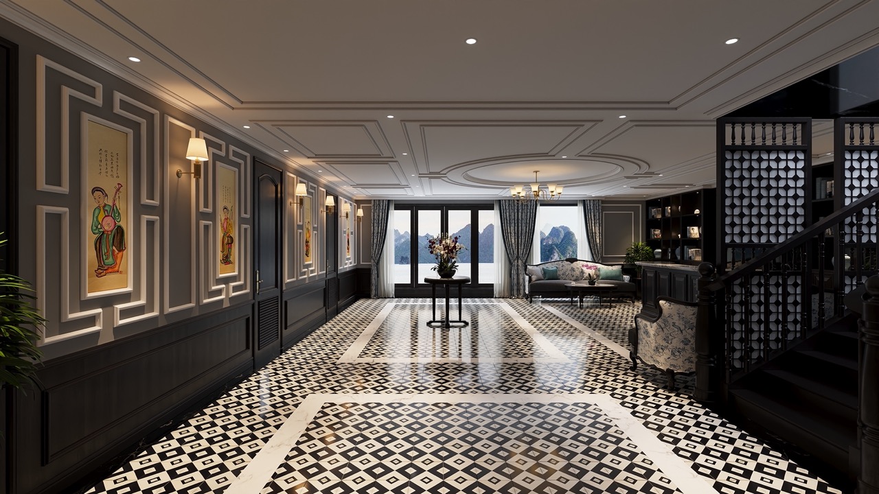 Luxurious cruise interior with elegant decor and panoramic bay views.