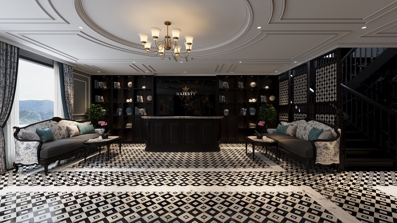 Luxurious cruise lounge interior with elegant decor and panoramic views of Lan Ha Bay.