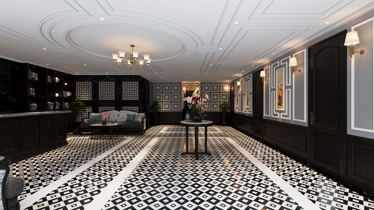 Luxurious cruise lounge with elegant decor and stylish furnishings on Lan Ha Bay.