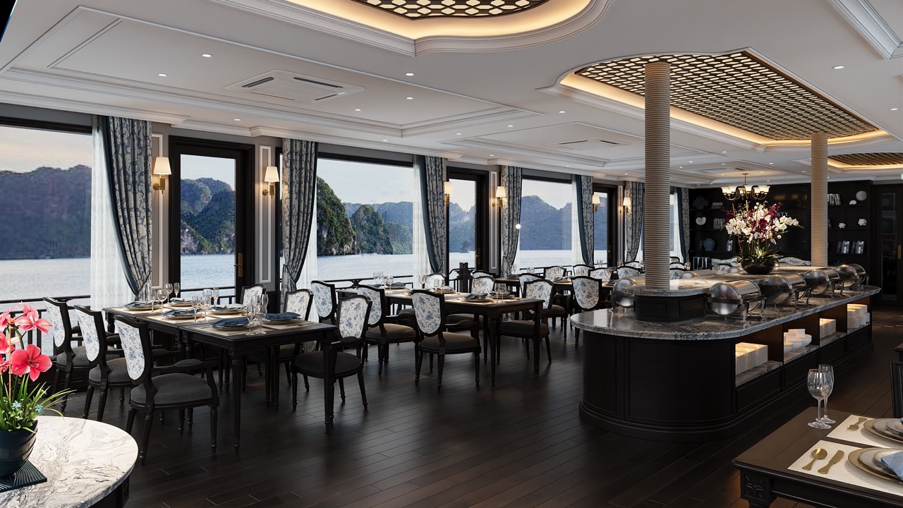 Luxurious cruise dining room with panoramic views of Lan Ha Bay, perfect for a relaxing voyage.