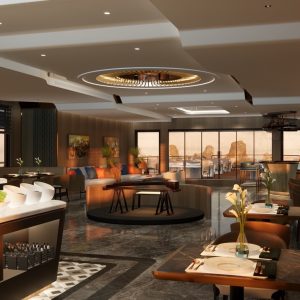 Luxurious restaurant interior with elegant decor and scenic ocean view.