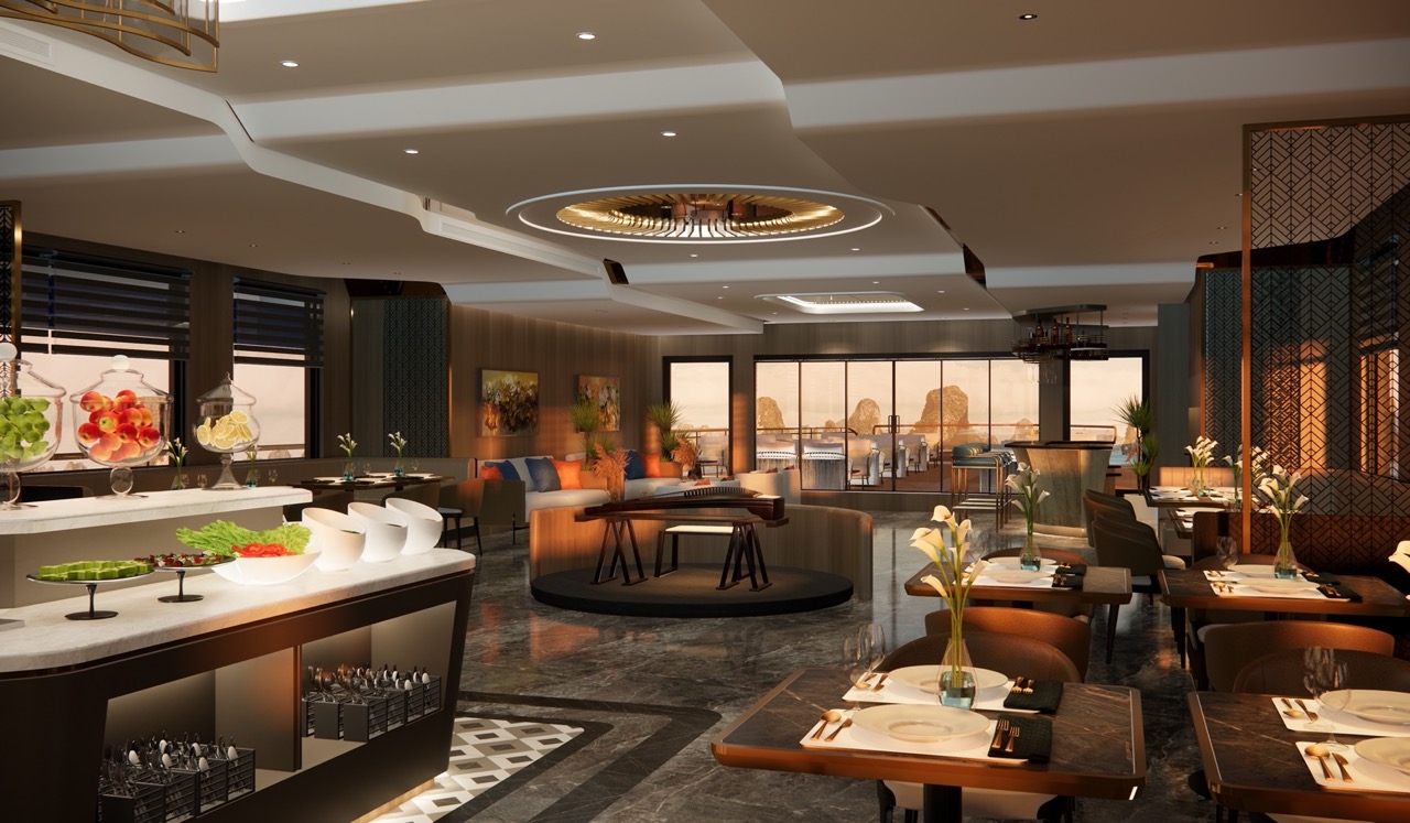Luxurious restaurant interior with elegant decor and scenic ocean view.