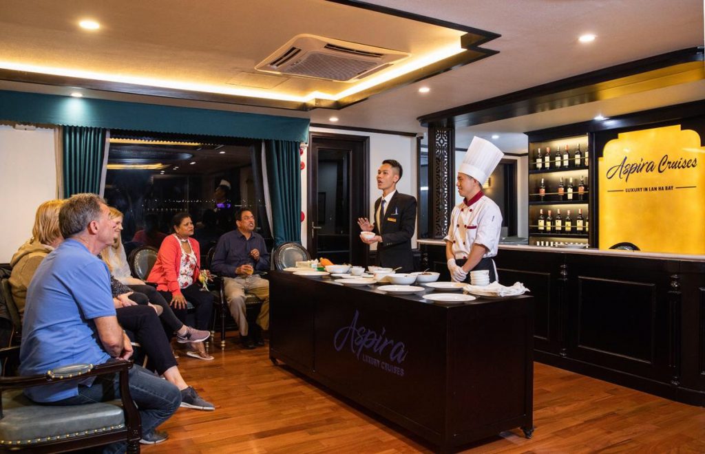 Elegant cruise dinner experience on Aspire Cruises in Lan Ha Bay, Vietnam.