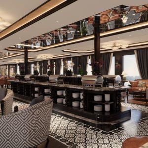 Luxurious hotel restaurant interior with elegant furnishings and panoramic city views.