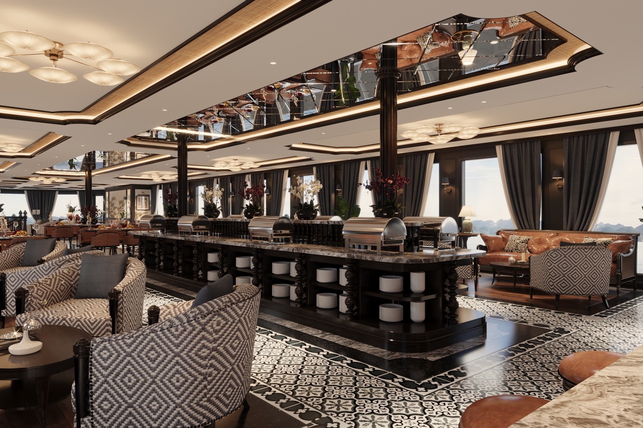 Luxurious hotel restaurant interior with elegant furnishings and panoramic city views.