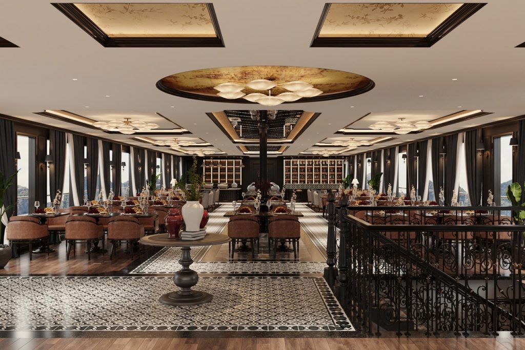 Luxurious restaurant interior with elegant decor and large windows - ViettrendTour.