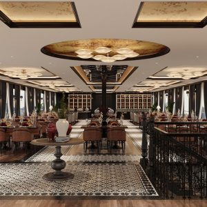 Luxurious restaurant interior with elegant decor and large windows - ViettrendTour.