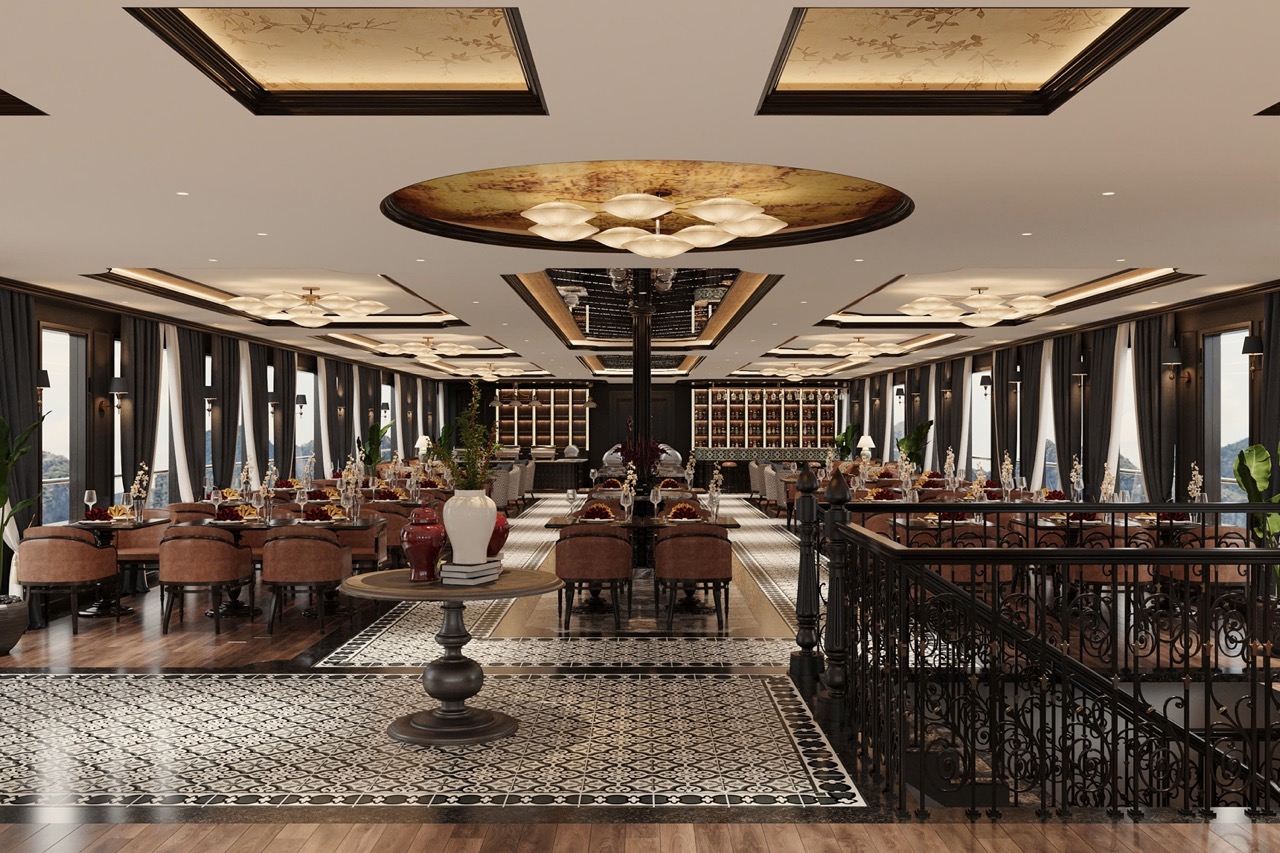 Luxurious restaurant interior with elegant decor and large windows - ViettrendTour.