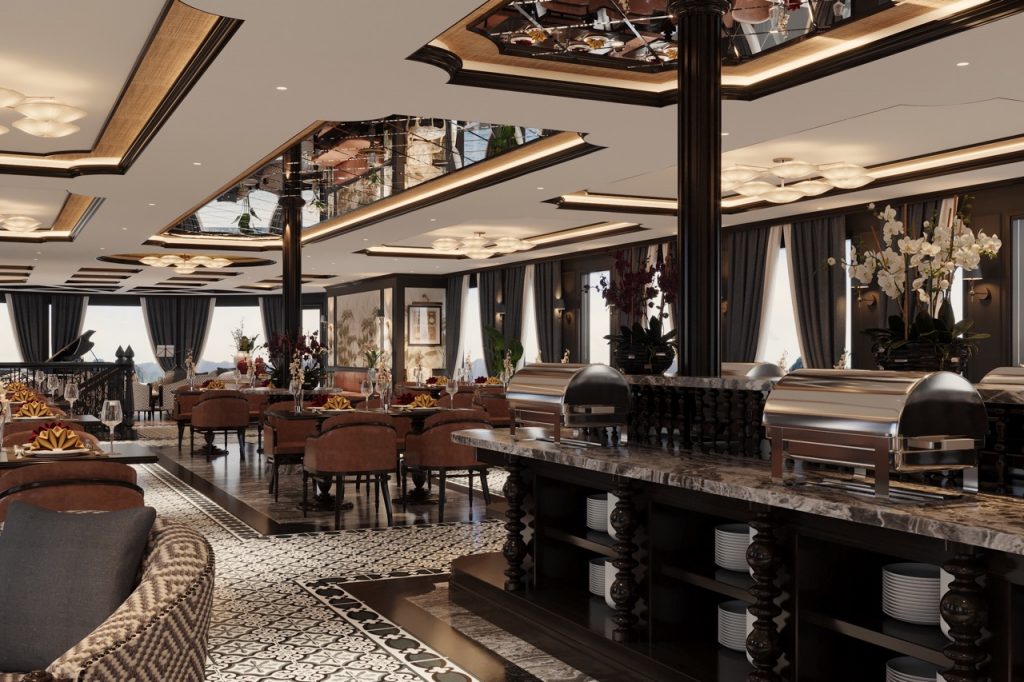 Luxurious hotel restaurant interior with elegant decor and upscale ambiance.