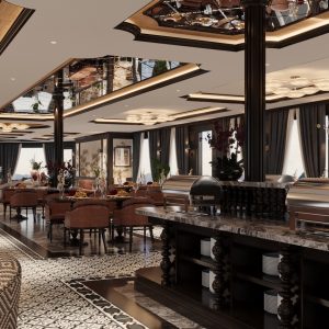 Luxurious hotel restaurant interior with elegant decor and upscale ambiance.