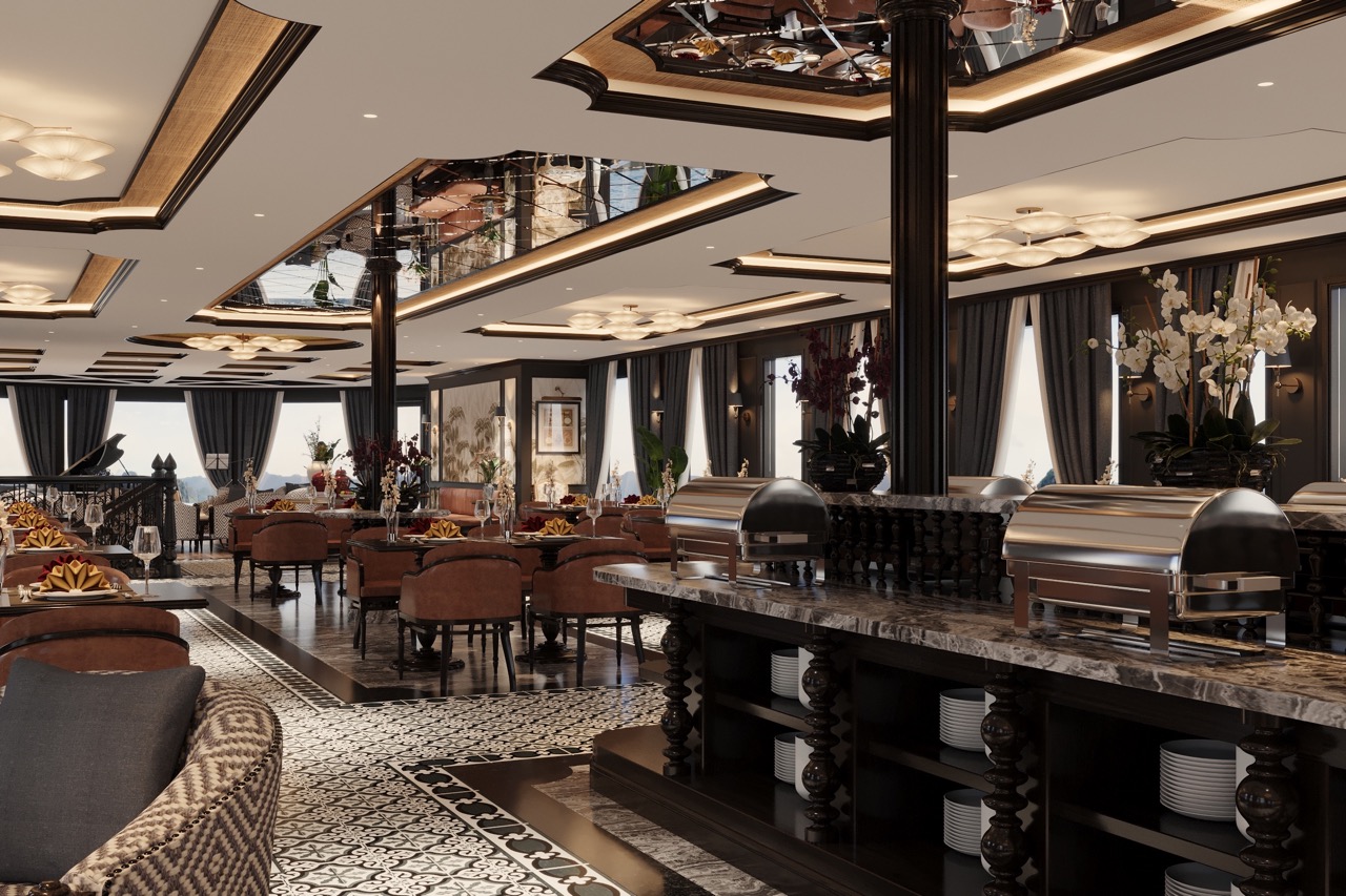 Luxurious hotel restaurant interior with elegant decor and upscale ambiance.