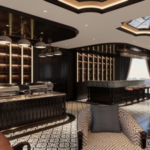 Luxurious hotel lounge with elegant dark wood decor and ambient lighting.