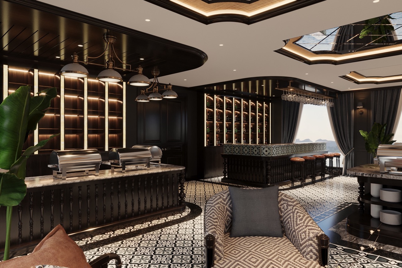 Luxurious hotel lounge with elegant dark wood decor and ambient lighting.