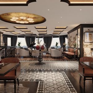 Elegant hotel lounge with luxurious decor and panoramic sea views, perfect for relaxation.