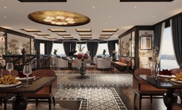 Elegant hotel lounge with luxurious decor and panoramic sea views, perfect for relaxation.
