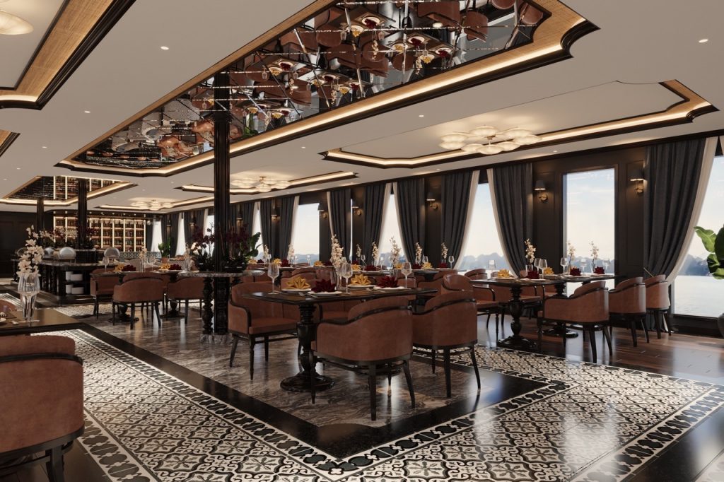 Luxurious restaurant interior with elegant decor, large windows, and scenic water view.