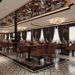 Luxurious restaurant interior with elegant decor, large windows, and scenic water view.