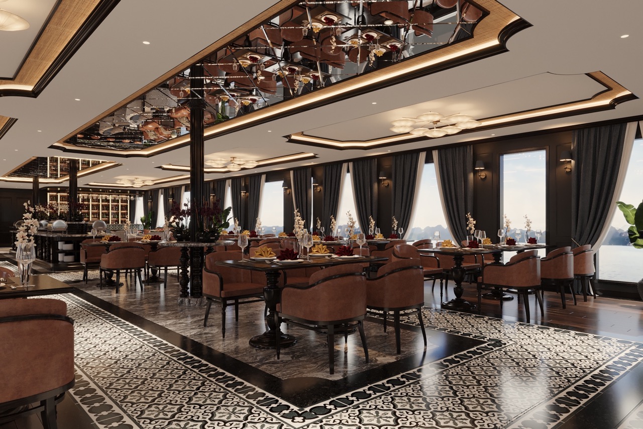 Luxurious restaurant interior with elegant decor, large windows, and scenic water view.