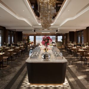 Elegant restaurant interior with panoramic ocean views and luxurious decor for perfect dining experiences.