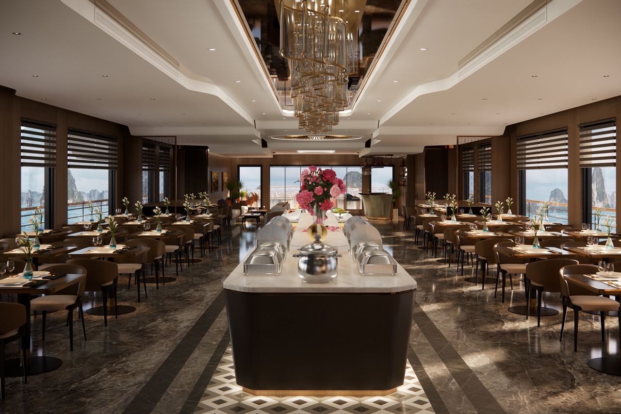 Elegant restaurant interior with panoramic ocean views and luxurious decor for perfect dining experiences.