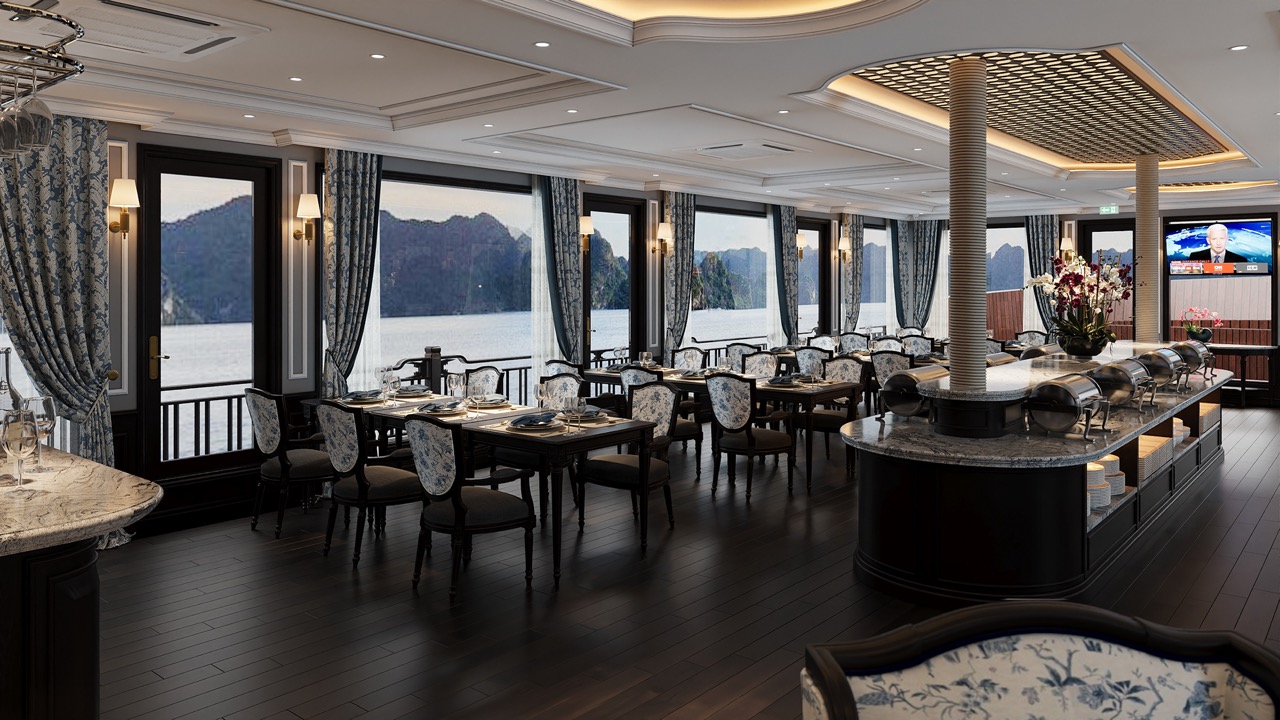 Luxurious cruise interior with panoramic views of Lan Ha Bay, perfect for a relaxing vacation.