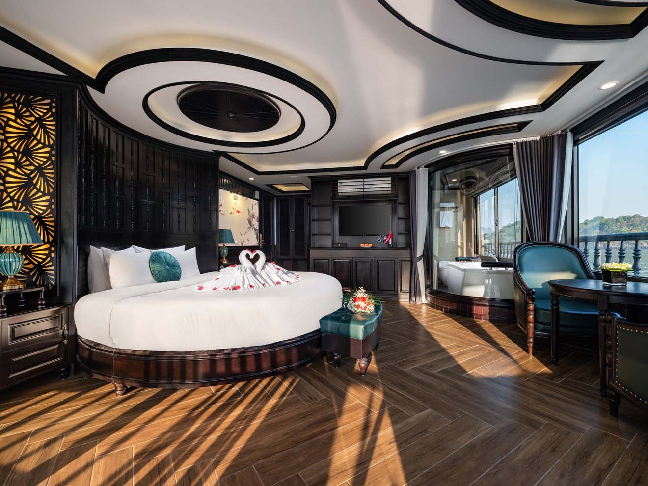 Stunning Halong Bay cruise balcony scene showcasing luxurious comfort and scenic beauty.