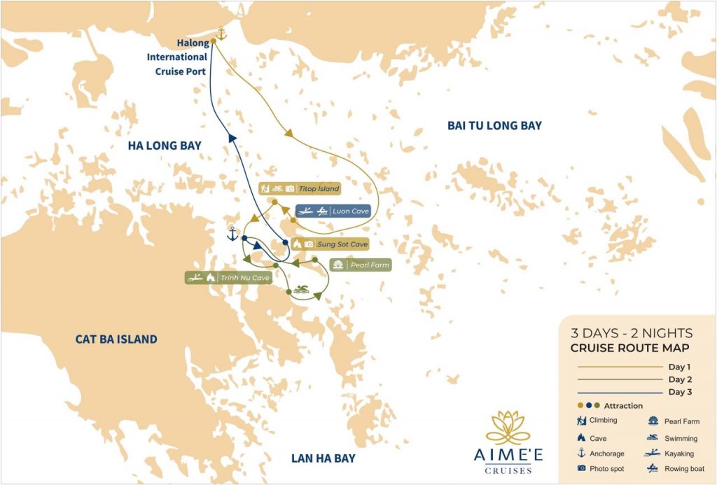 Stunning cruise route map of Ha Long Bay, showcasing calming islands and luxurious excursions.