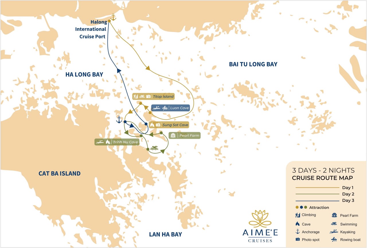 Stunning cruise route map of Ha Long Bay, showcasing calming islands and luxurious excursions.