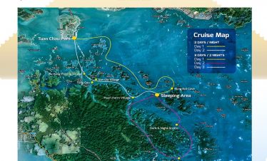 Scenic Halong Bay view with cruise route and lush islands, perfect for a relaxing boat tour.