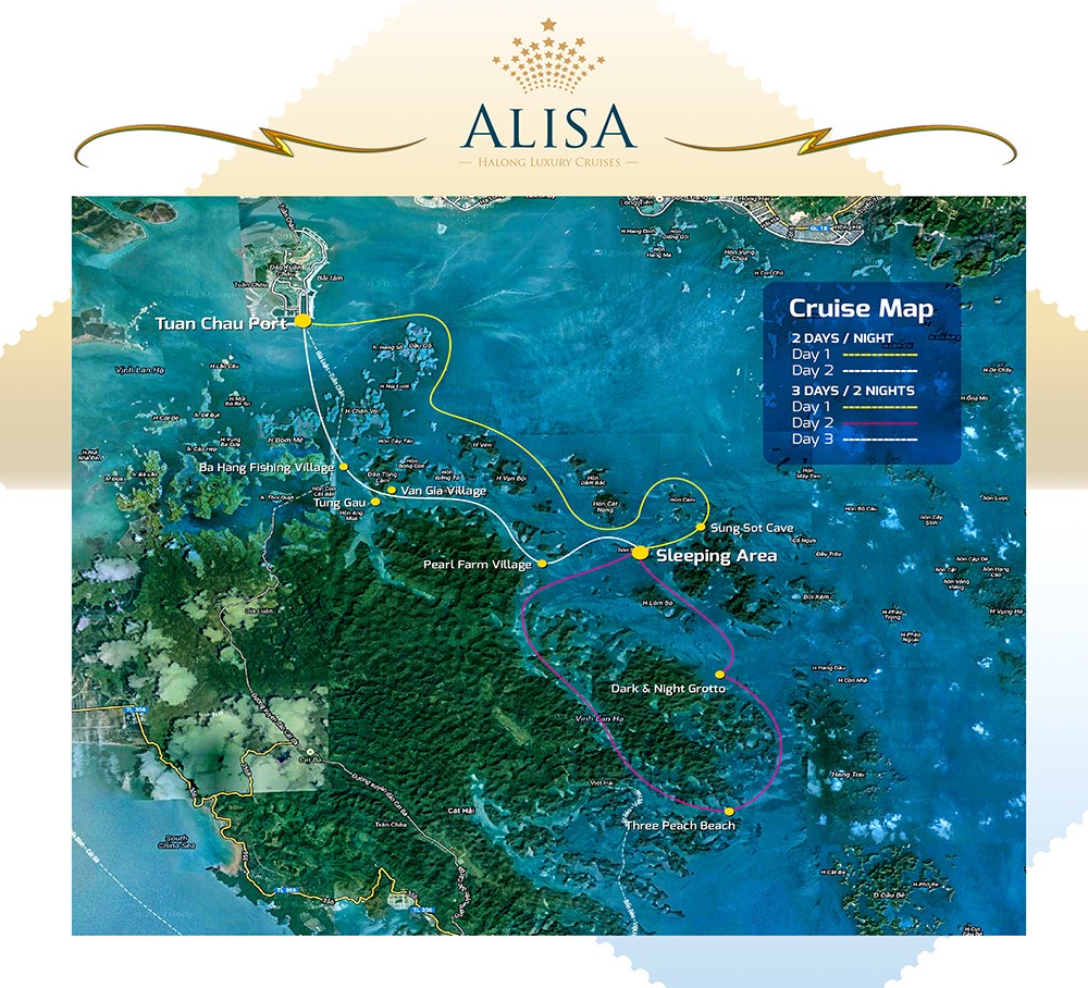 Scenic Halong Bay view with cruise route and lush islands, perfect for a relaxing boat tour.