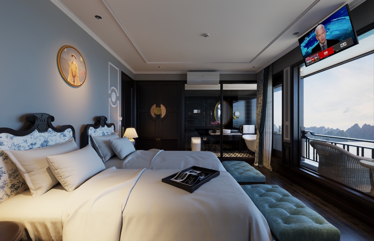Elegant cruise balcony overlooking Lan Ha Bay, perfect for a relaxing getaway.