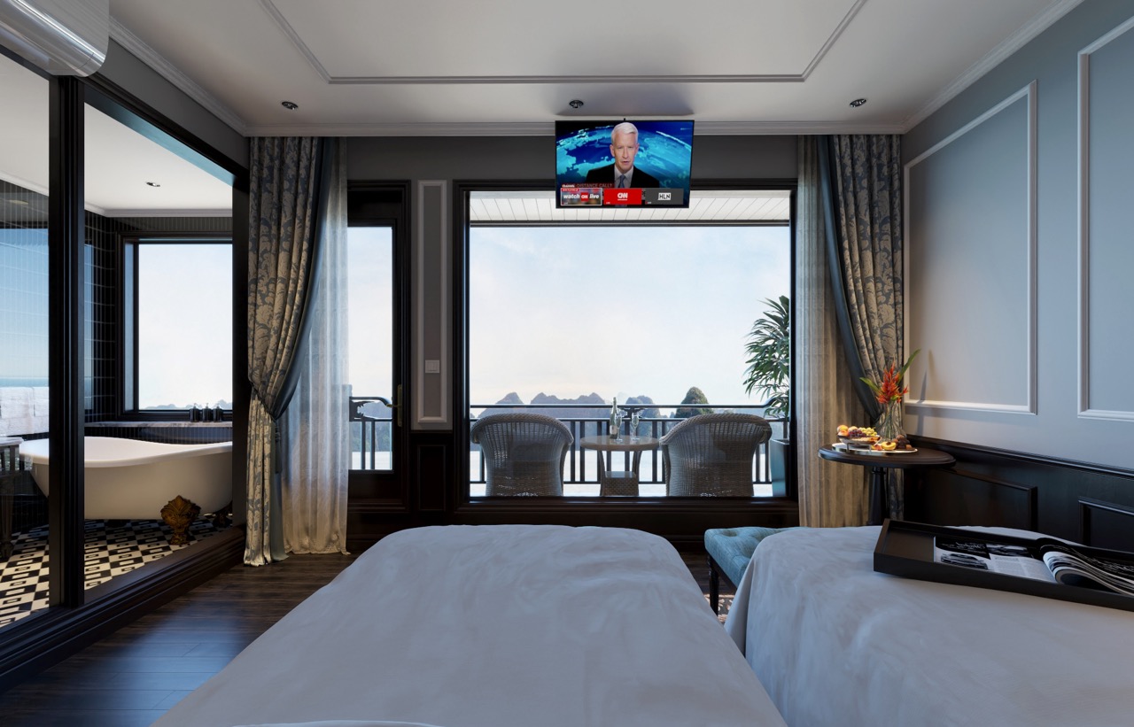 Stunning view from a cruise balcony in Lan Ha Bay, showcasing serene waters and lush islands, perfec.